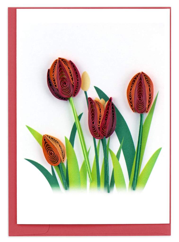 Greeting card with quilled red tulips on a white background