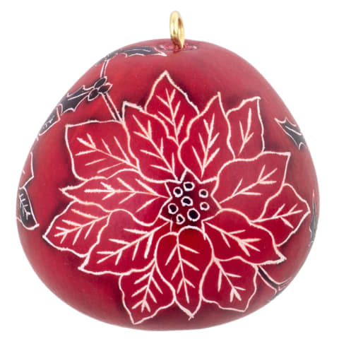 A red gourd Christmas ornament featuring a white poinsettia design and small black holly accents, with a gold hanging loop at the top, shown on a plain white background.