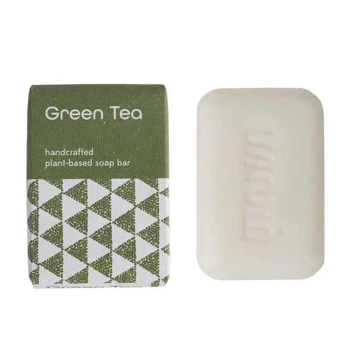 Green Tea handcrafted plant-based soap bar with packaging on a white background