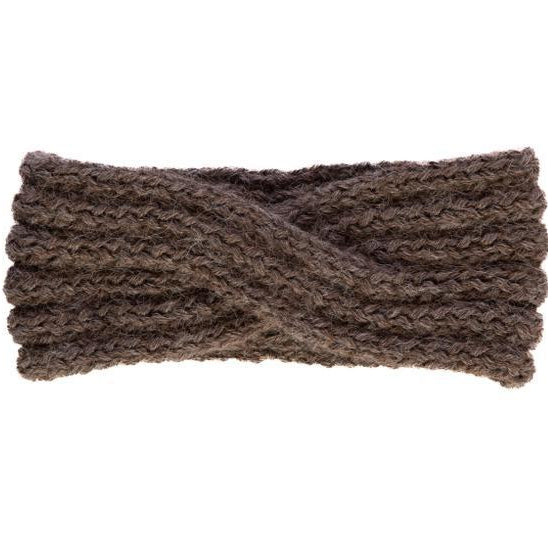 A brown alpaca headband on a white background. 