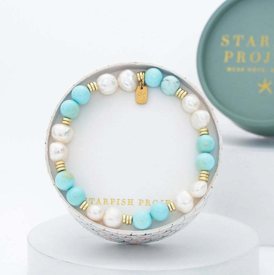 turquoise and pearl bracelet in a Starfish Project box