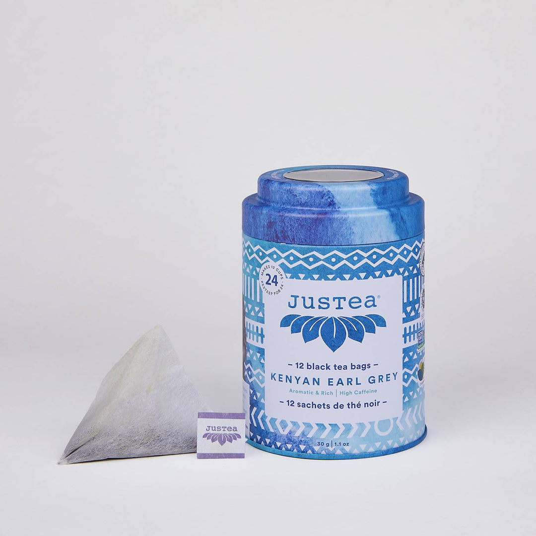 Kenyan earl grey tea bag canister on a white background.