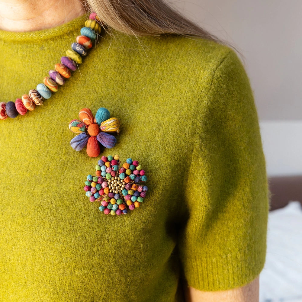Sari Kantha floral mosaic pin being worn