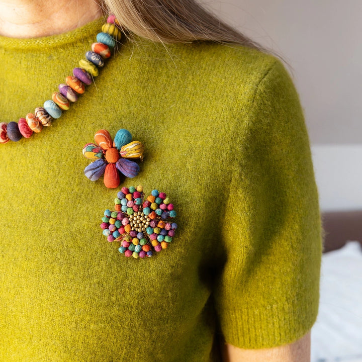 Sari Kantha floral mosaic pin being worn