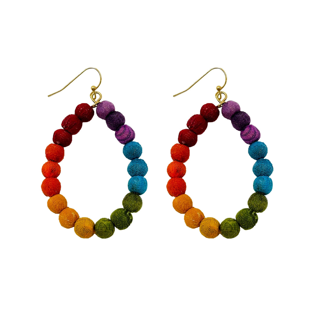 Colorful beaded Kantha teardrop hoop earrings on a white background
