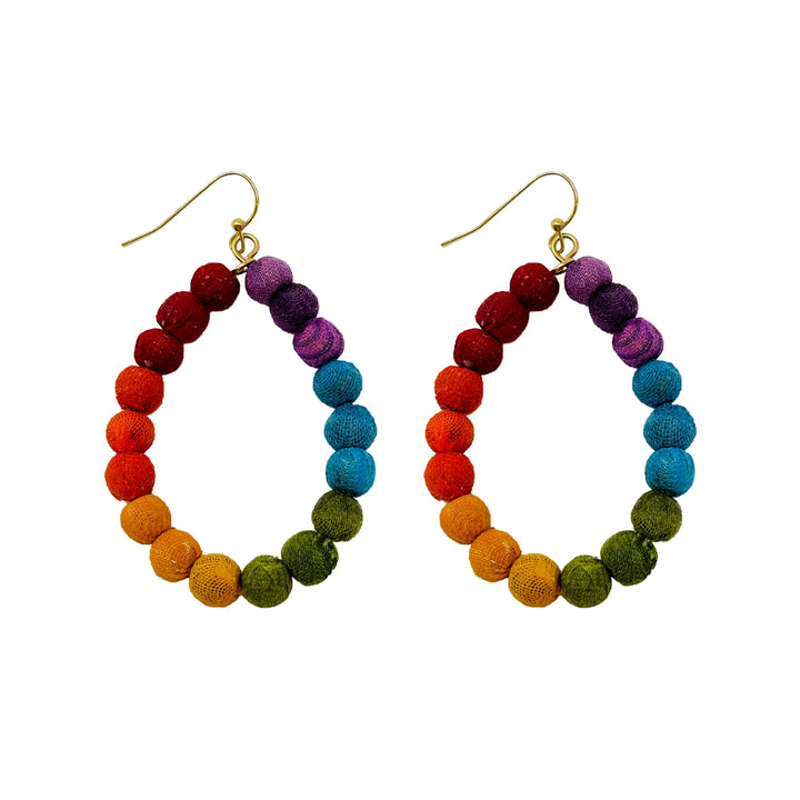 Colorful beaded Kantha teardrop hoop earrings on a white background