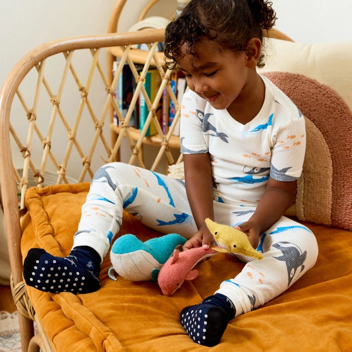 Conscious Step navy crew sock with sharks on child. 