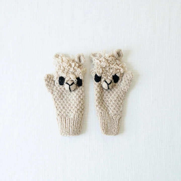 Kids alpaca anima mitten on an off white background