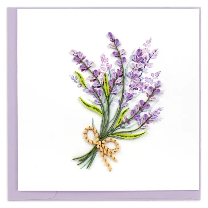 Card with a bouquet of lavender flowers and a gold bow on a white background