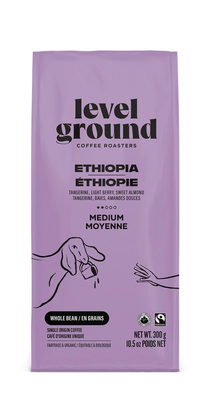 A bag of Level Ground Coffee Ethiopia with a purple and pink color scheme, featuring an illustration of a coffee plant and beans.