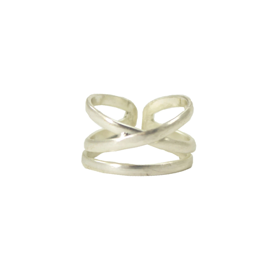 Silver ring with a twisted linear design on a white background