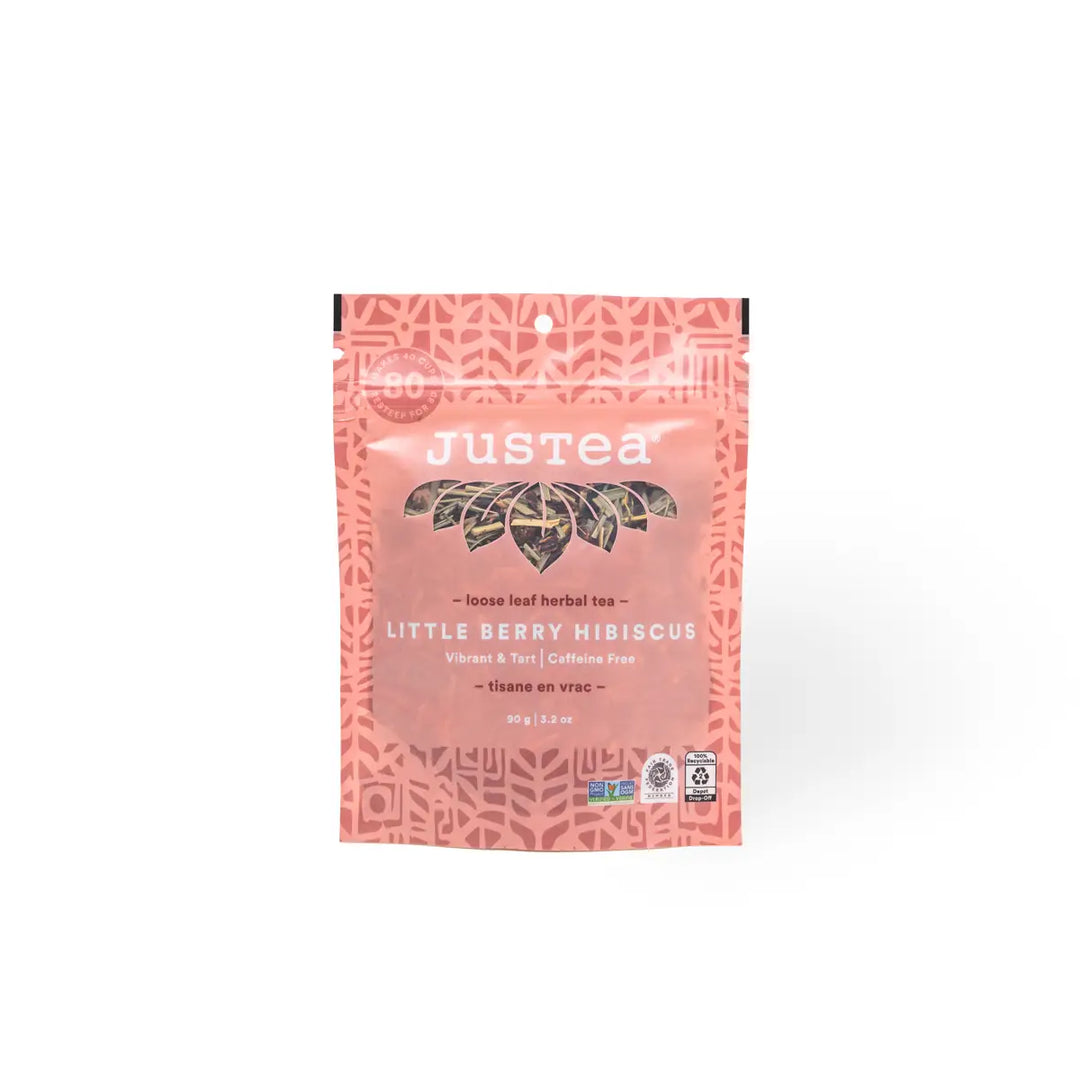 JusTea Little Berry Hibiscus tea package on a white background