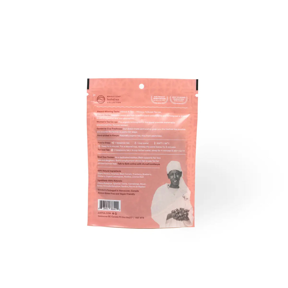 JusTea Little Berry Hibiscus tea package on a white background