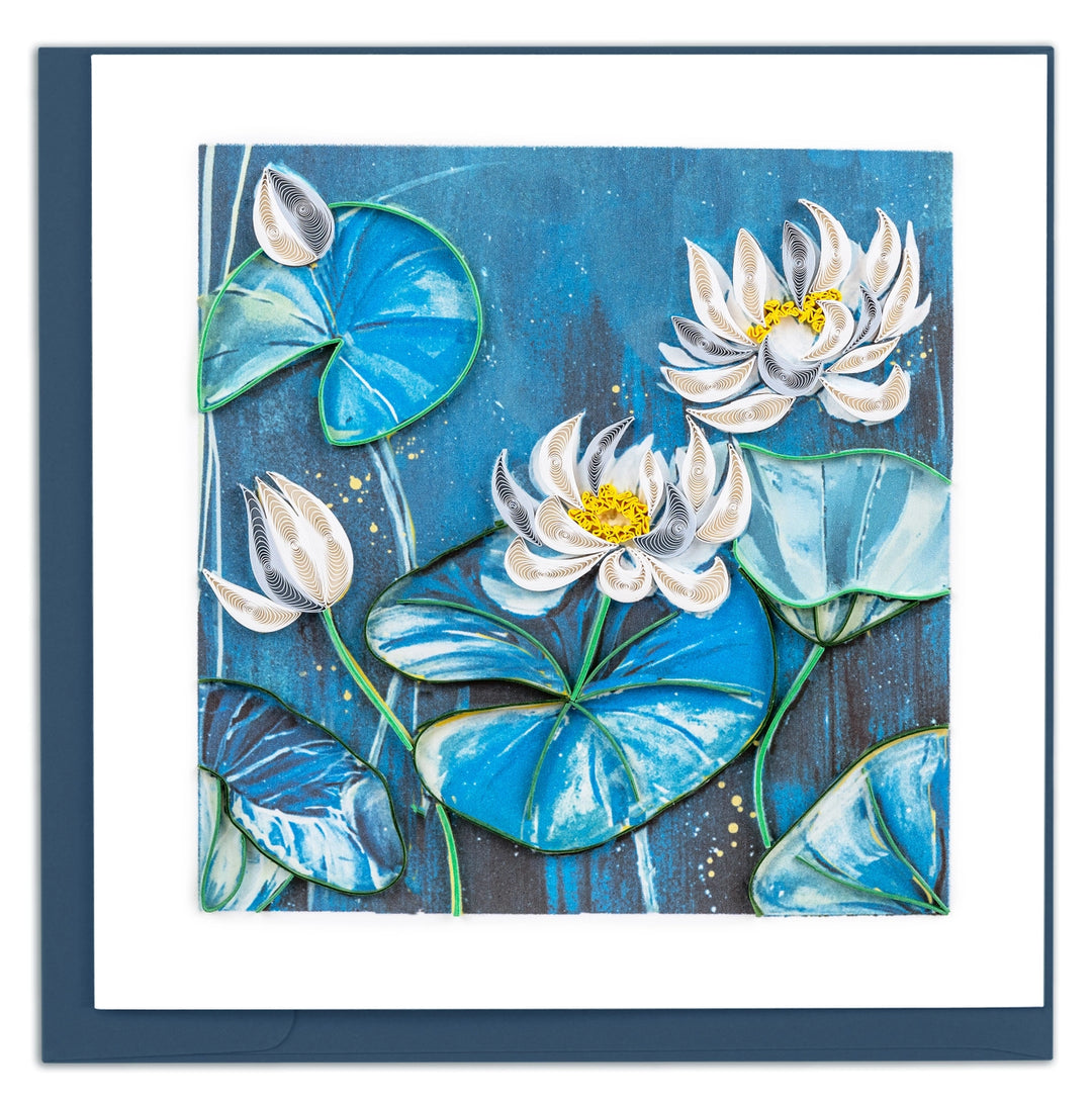 Greeting card with white flowers and blue lily pads on a blue background