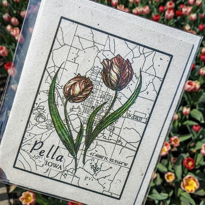 a card with two tulips on a iowa map with tulip background