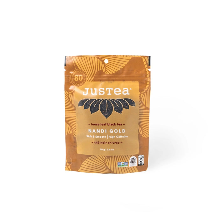 Justea Nandi Gold tea package on a white background