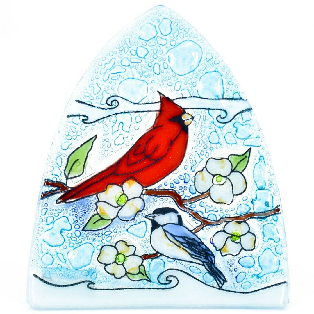 a cardinal and chickadee with dogwood flower on a nighlight