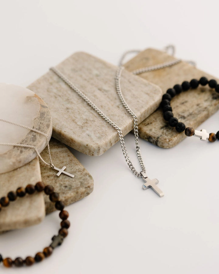 Silver chain necklaces with crosses on stones