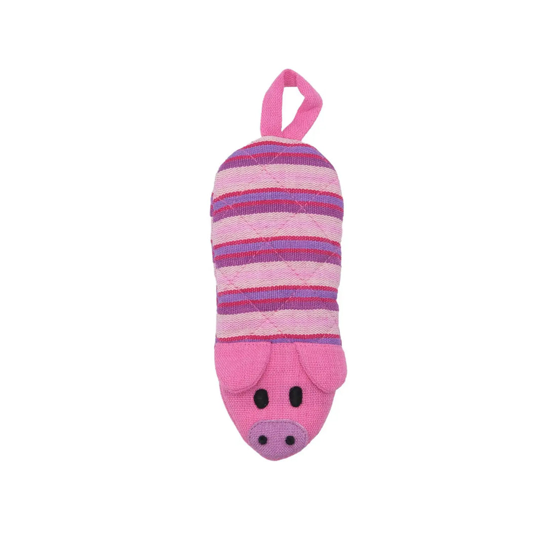 Pink and purple striped pig skillet handle holder on a white background