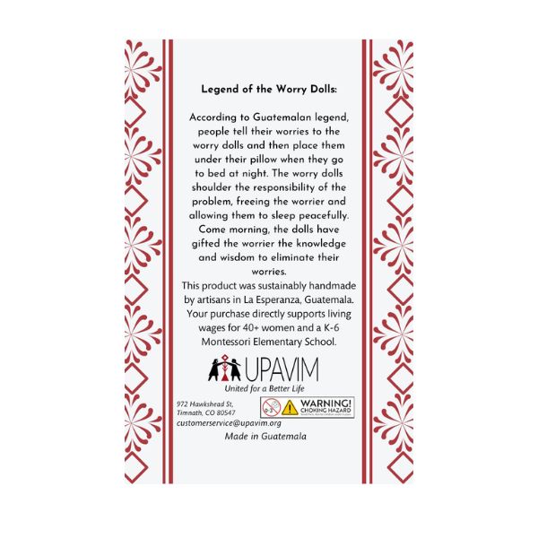 Card with text about the Legend of the Worry Dolls and branding information on a white background