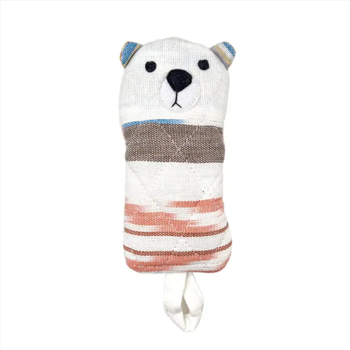 Polar bear skillet holder with striped pattern on a white background