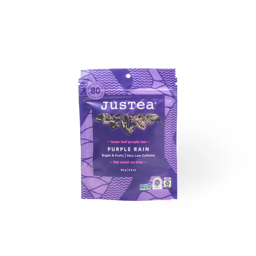 JusTea Purple Rain tea package on a white background