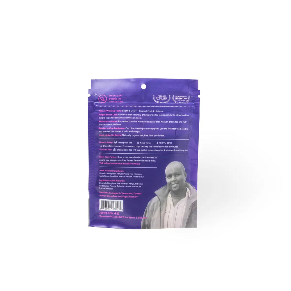 JusTea Purple Rain tea package on a white background