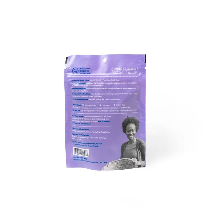 Purple package of JusTea purple chocolate tea on a white background