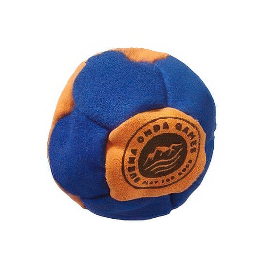 a blue and orange sandbag hacky sack on a white background. 