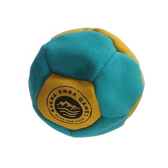 a teal and yellow sandbag hacky sack on a white background. 