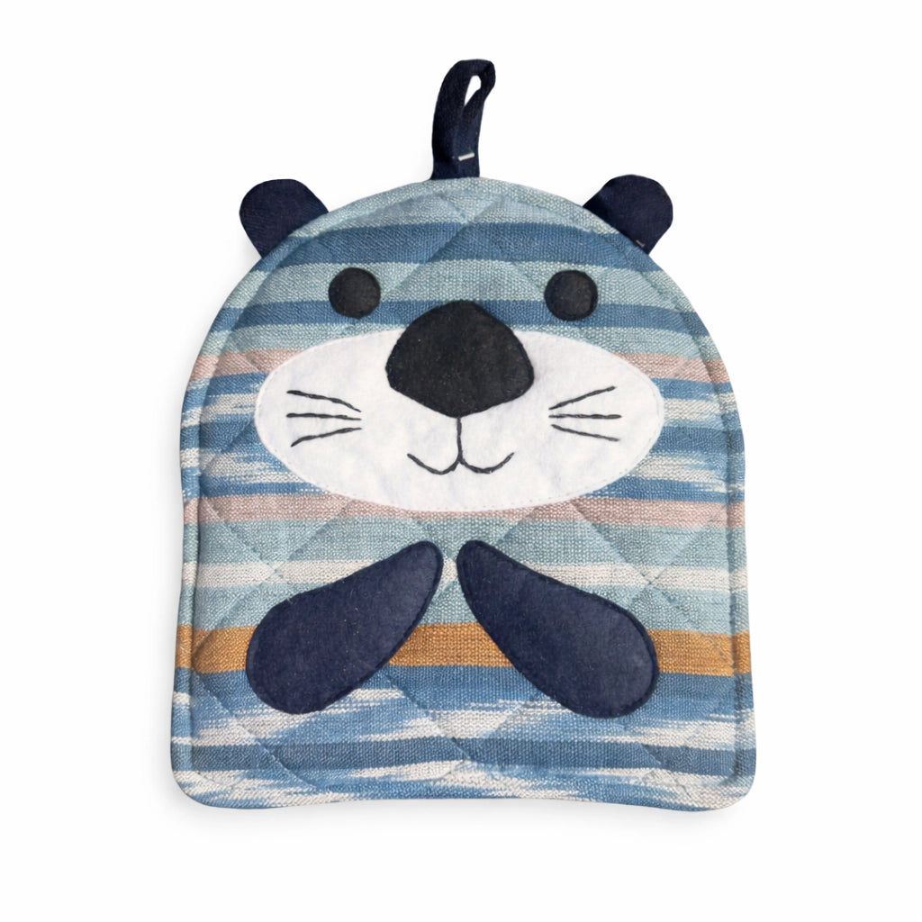 Striped otter-shaped pot holder with a blue and white design on a white background