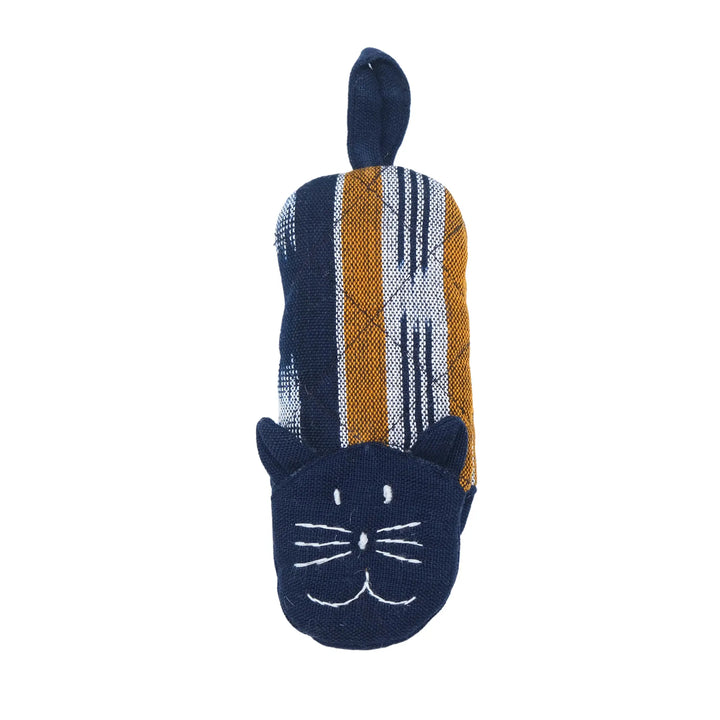 Cat-shaped toy skillet handle holder with striped body on a white background