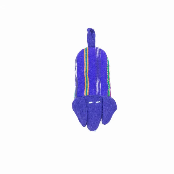 Blue dog skillet handle holder with colorful stripes on a white background