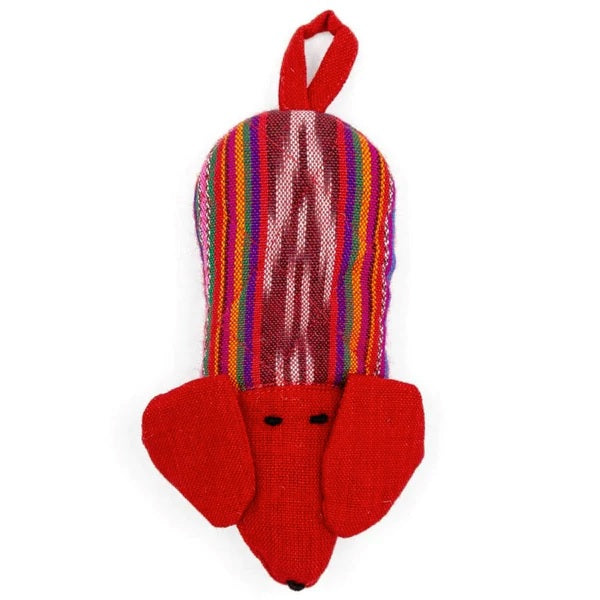 red dog skillet handle holder with striped body on a white background