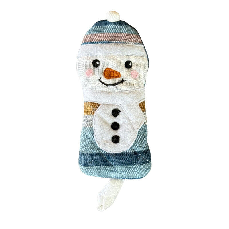 Snowman-themed skillet holder with striped hat and gloves on a white background