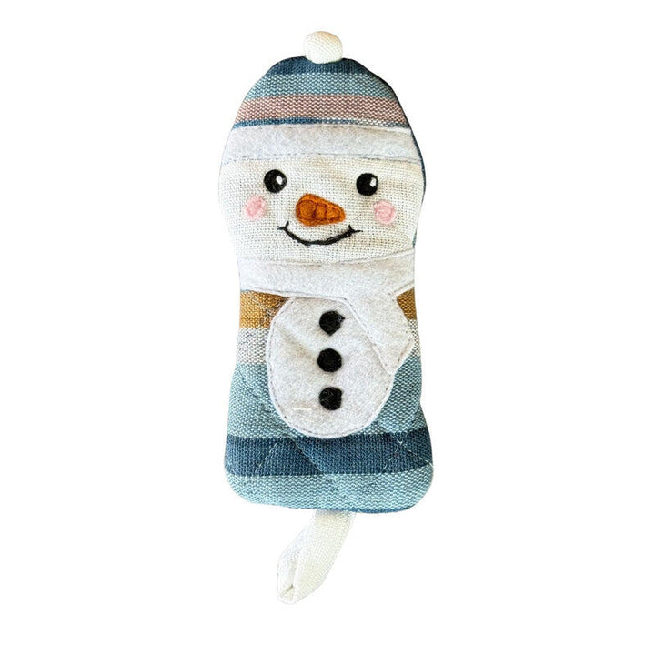 Snowman-themed skillet holder with striped hat and gloves on a white background