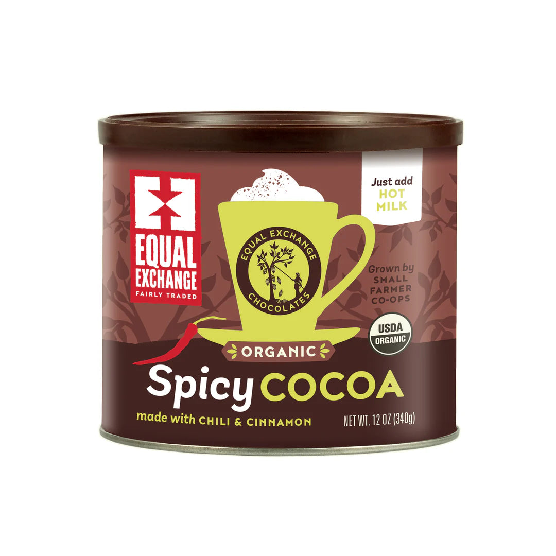 Can of Equal Exchange Spicy Cocoa on a white background
