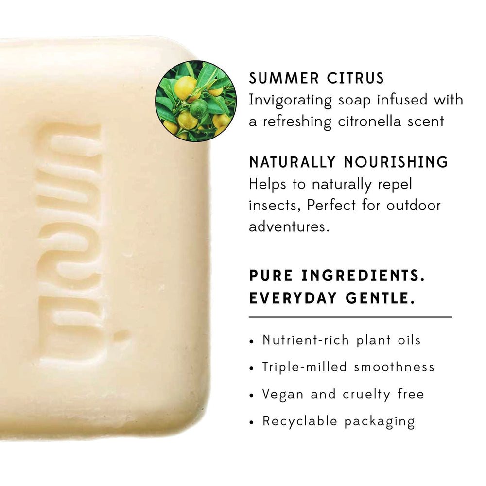 Bar of soap with 'Summer Citrus' description and features on a white background