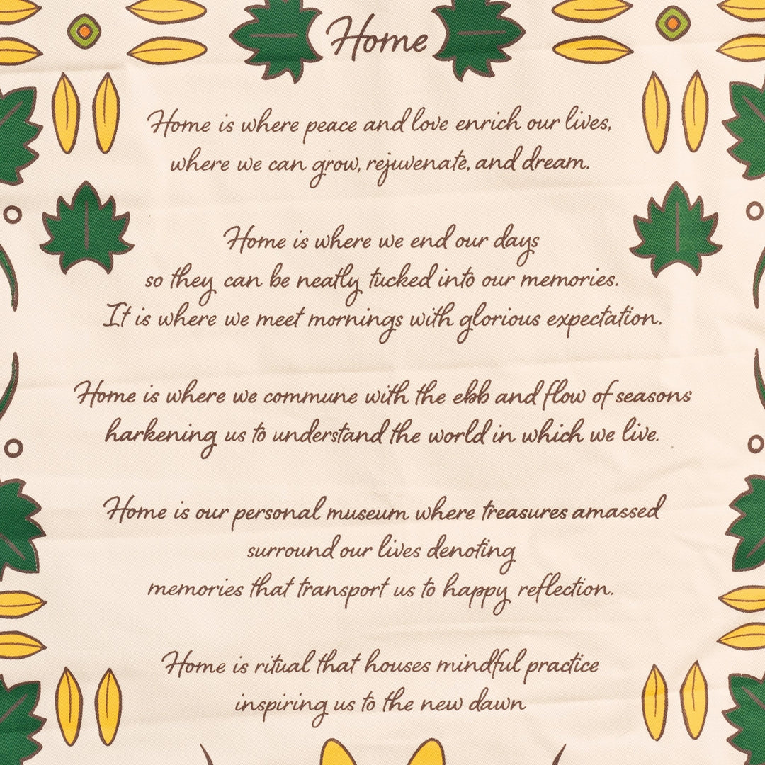 Poem about home with decorative leaves and sunflowers on a beige background