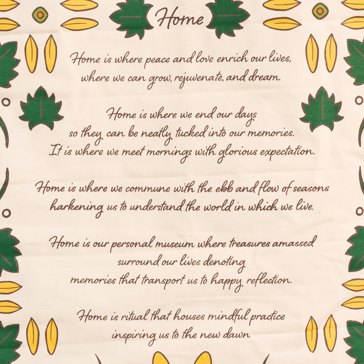 Poem about home with decorative leaves and sunflowers on a beige background
