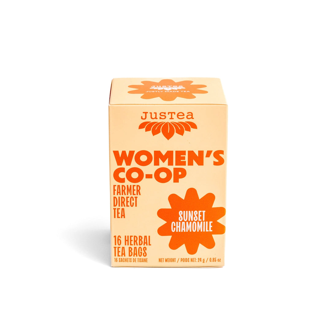 Box of Justea Women's Co-op Sunset Chamomile tea on a white background