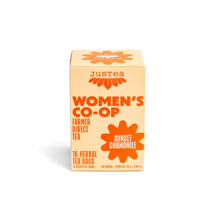 Box of Justea Women's Co-op Sunset Chamomile tea on a white background