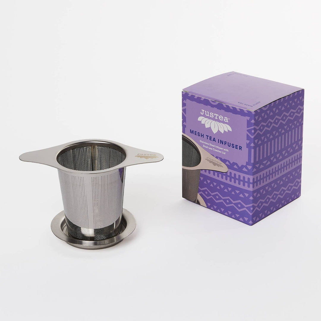 JusTea stainless steal mesh tea infuser with coaster lid