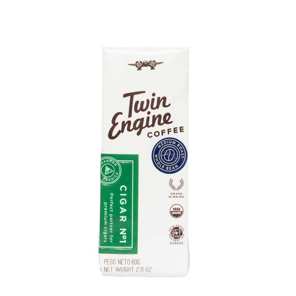 A package of Twin Engine Coffee Cigar No. 1 medium roast whole bean coffee, shown on a plain white background.