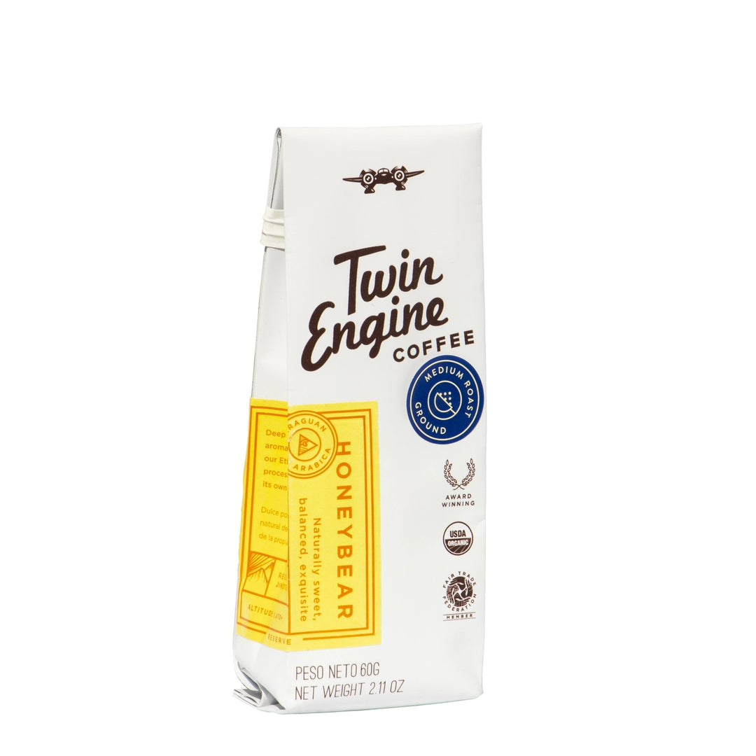 Twin Engine Coffee package with honeybear flavor on a white background