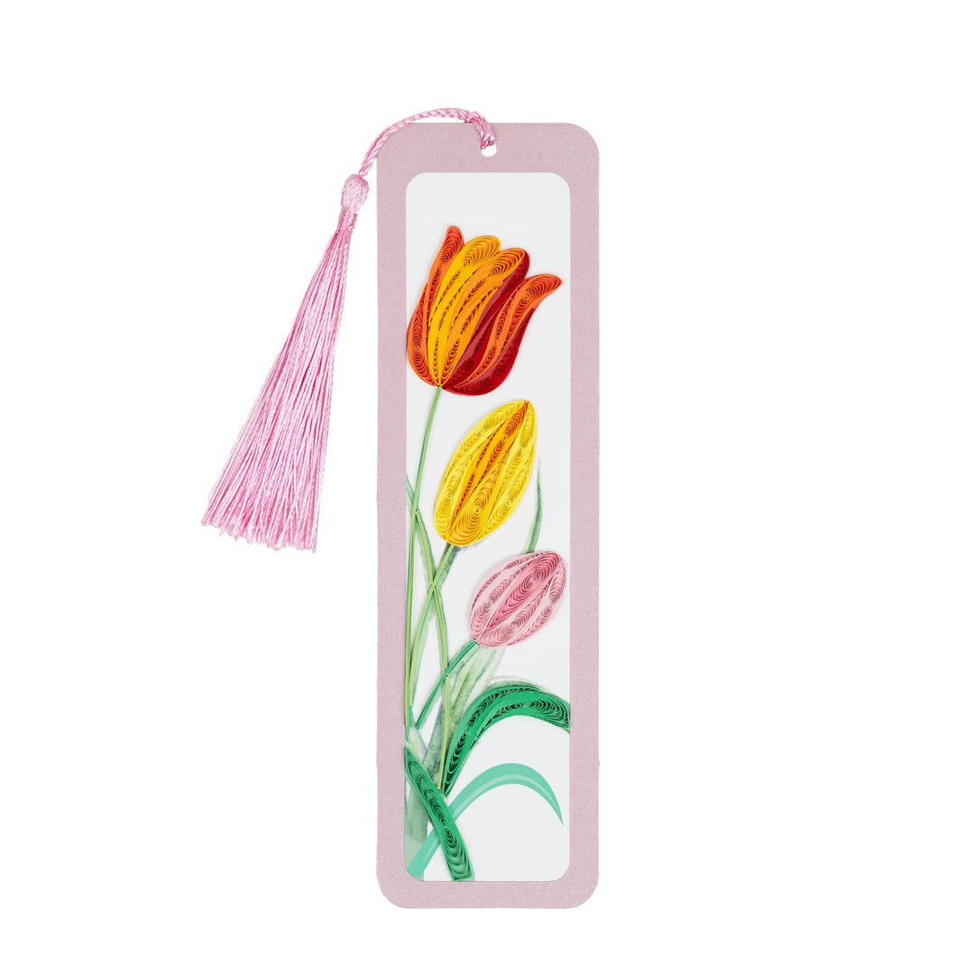 Quilled bookmark with tulip design and pink tassel on a white background