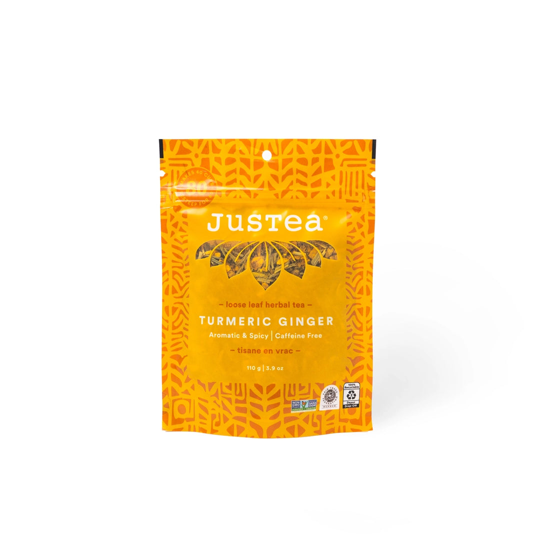 Justea Turmeric Ginger tea package on a white background