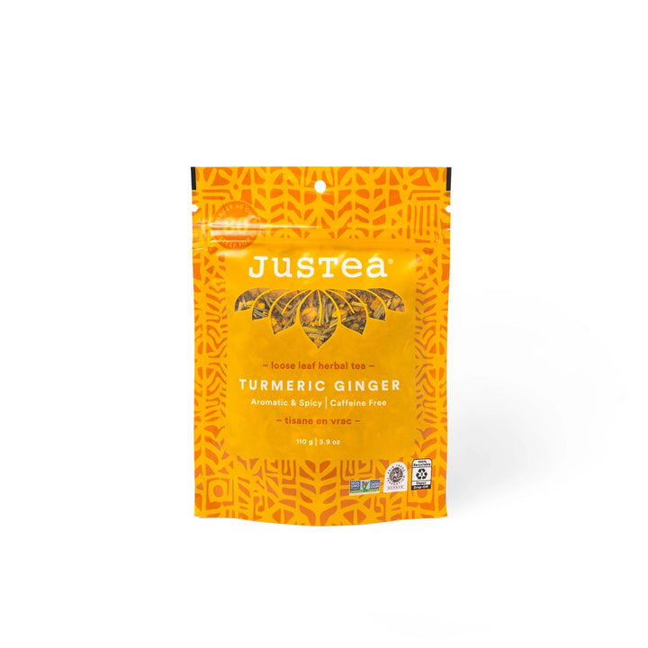 Justea Turmeric Ginger tea package on a white background