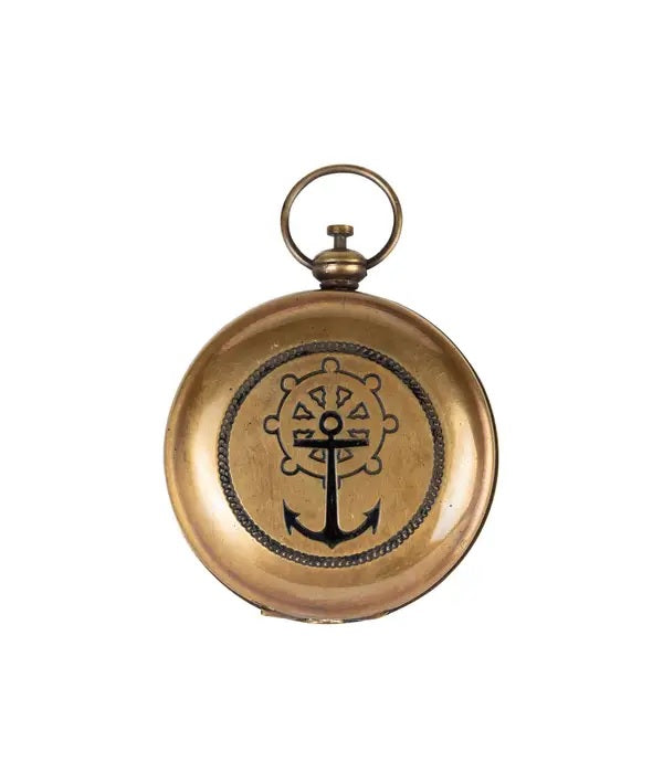 Brass pocket watch with anchor and wheel design on a white background