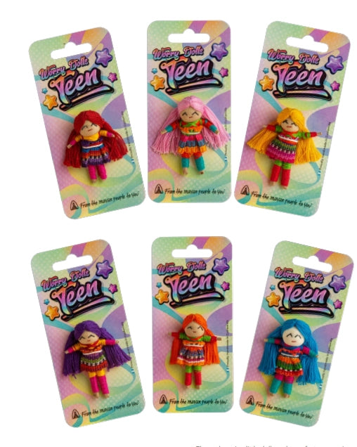 Set of six 'worry Teen' dolls in colorful packaging on a white background